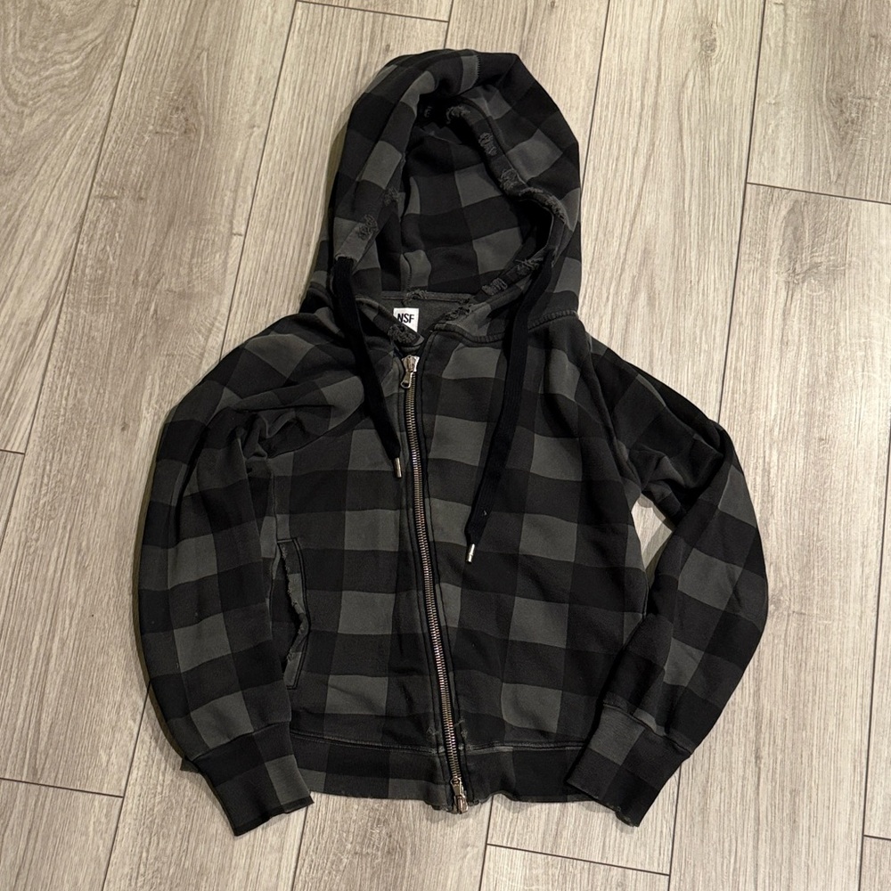 NSF Walker Asymmetrical Zip Up Hoodie Pigment Black Buffalo Medium Womens